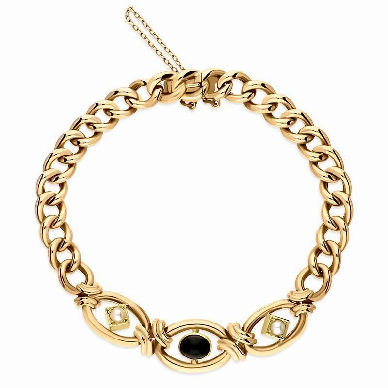 15ct Yellow Gold Whitby Jet Pearl Round Link Bracelet D