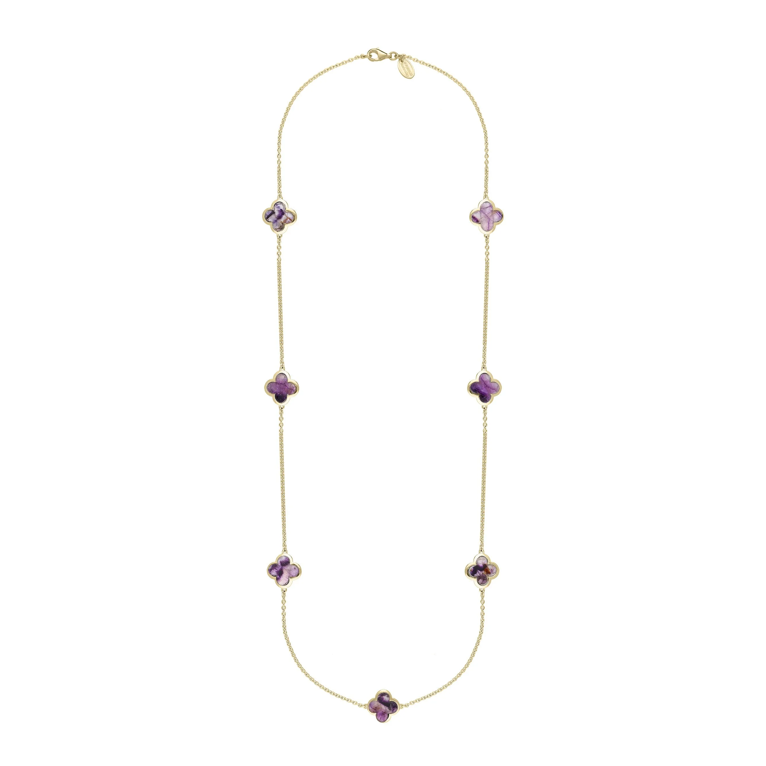 18ct Yellow Gold Blue John bloom Four Leaf Clover Long Necklace