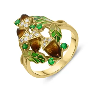 18ct Yellow Gold Diamond Enamel Acorn Ring