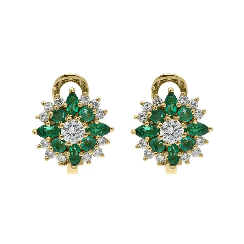 18ct Yellow Gold Emerald Diamond Cluster Hook Earrings