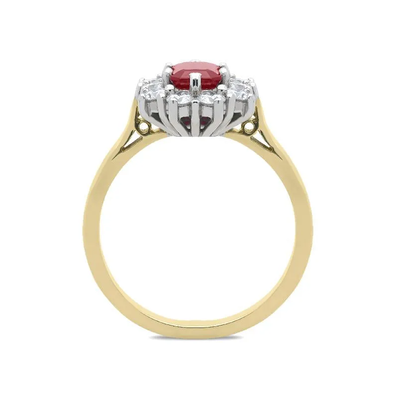 18ct Yellow Gold Ruby and Diamond Emerald Cut Cluster Ring