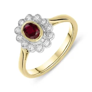 18ct Yellow Gold Ruby Diamond Floral Cluster Ring D