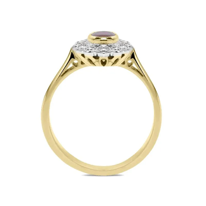 18ct Yellow Gold Ruby Diamond Floral Cluster Ring D