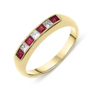 18ct Yellow Gold Ruby Diamond Princess Cut Half Eternity Ring D