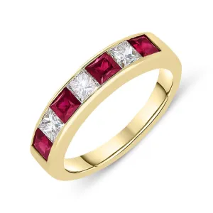 18ct Yellow Gold Ruby Diamond Princess Cut Half Eternity Ring