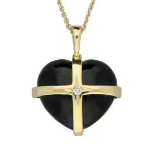 18ct Yellow Gold Whitby Jet Diamond Small Cross Heart Necklace