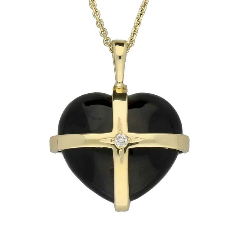 18ct Yellow Gold Whitby Jet Diamond Small Cross Heart Necklace
