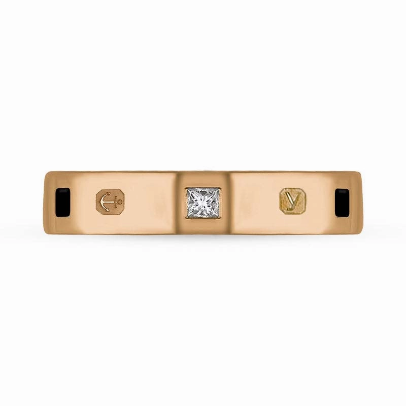 18ct Rose Gold 0.09ct Diamond Whitby Jet King's Coronation Hallmark Princess Cut 4mm Ring D