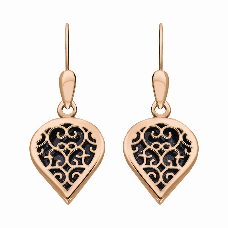 18ct Rose Gold Blue Goldstone Flore Filigree Heart Drop Earrings