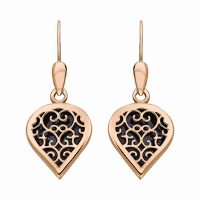 18ct Rose Gold Blue Goldstone Flore Filigree Heart Drop Earrings