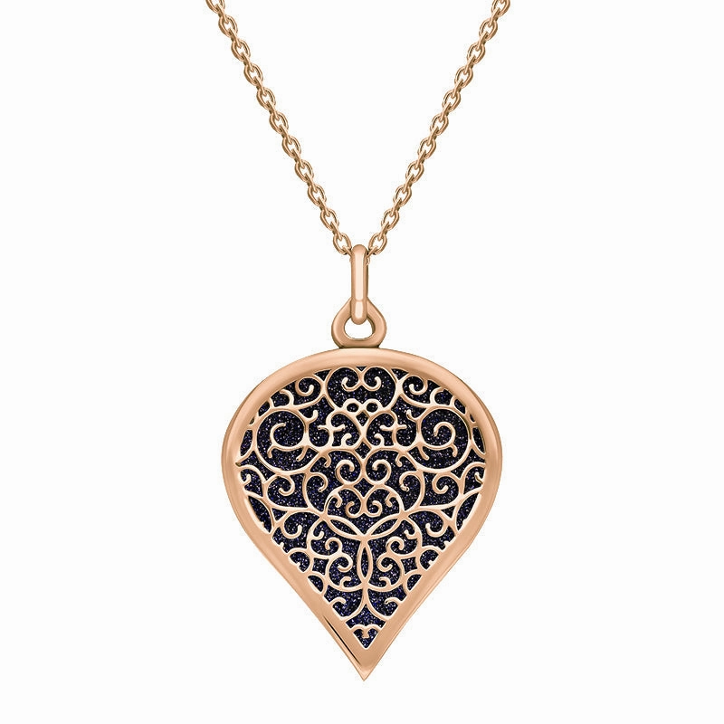 18ct Rose Gold Blue Goldstone Flore Filigree Large Heart Necklace