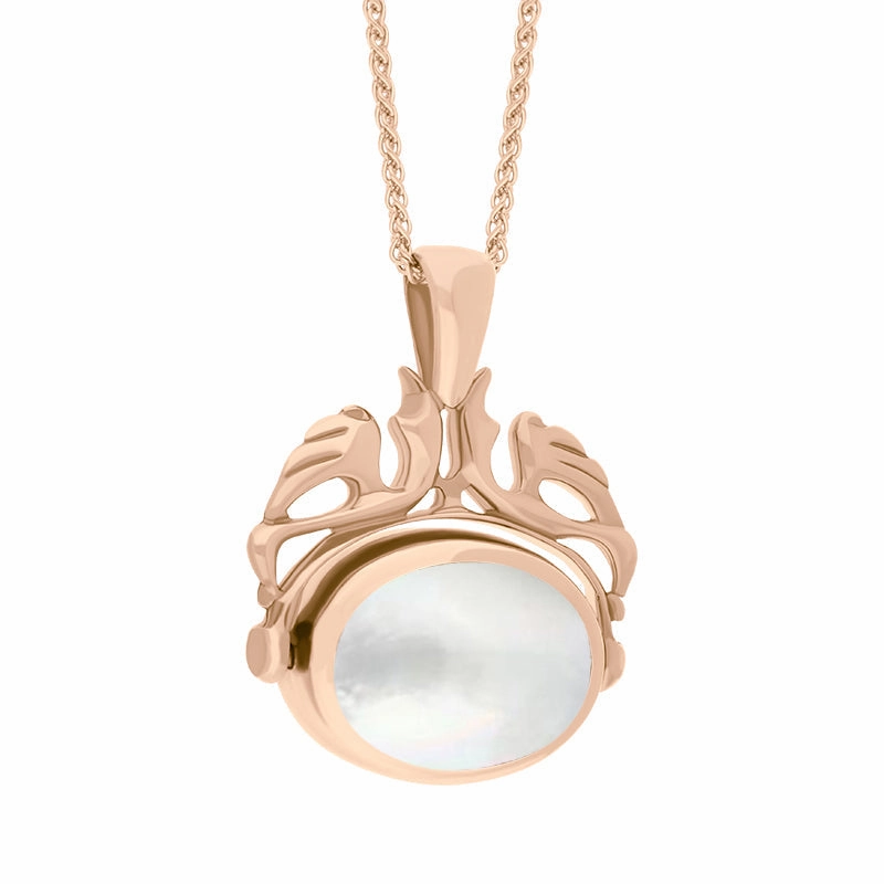 18ct Rose Gold Blue John Mother Of Pearl Double Sided Oval Swivel Fob Necklace
