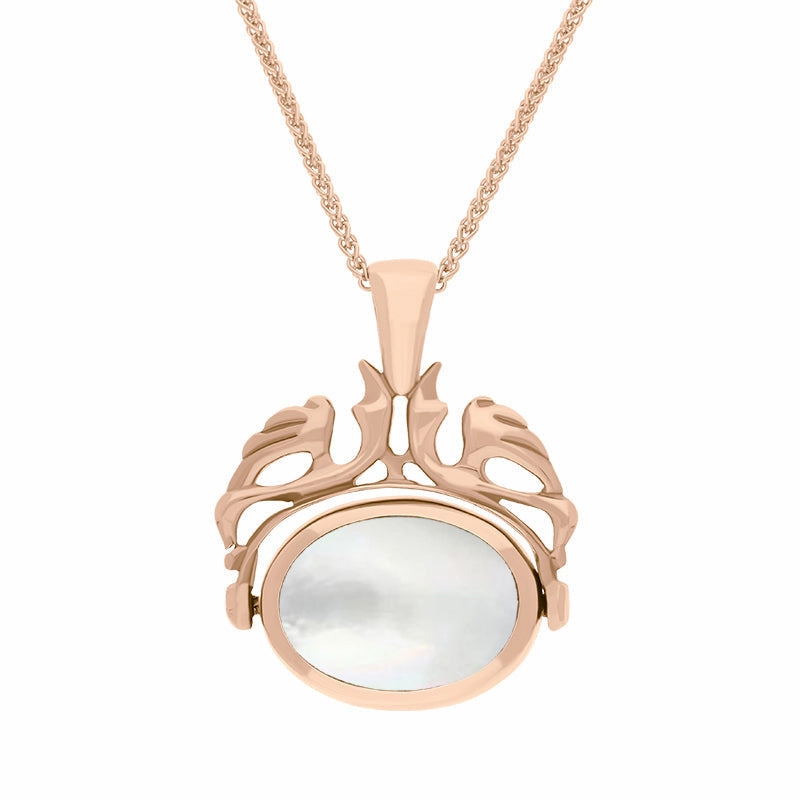 18ct Rose Gold Blue John Mother Of Pearl Double Sided Oval Swivel Fob Necklace