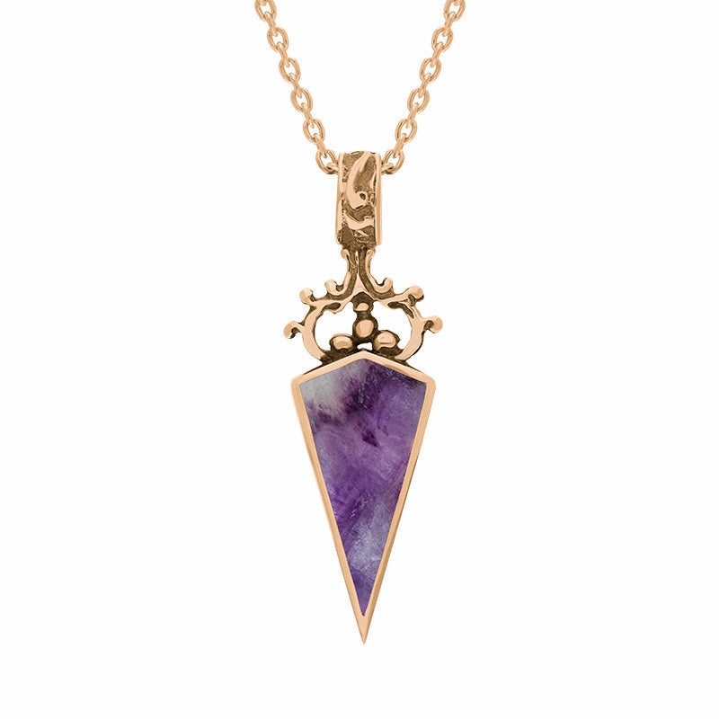 18ct Rose Gold Blue John Mother Of Pearl Double Sided Scroll Dagger Fob Necklace