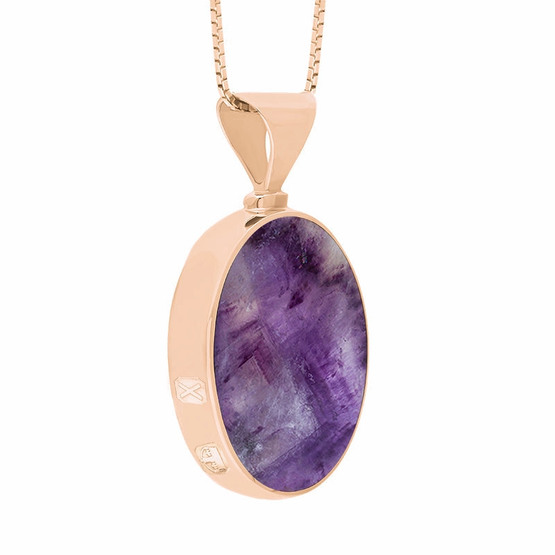 18ct Rose Gold Blue John Mother of Pearl Hallmark Double Sided Oval Necklace
