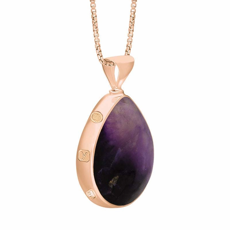 18ct Rose Gold Blue John Mother of Pearl King's Coronation Hallmark Double Sided Pear-shaped Necklace D