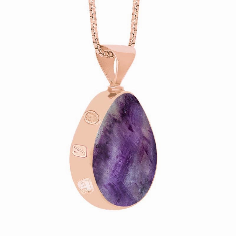 18ct Rose Gold Blue John Mother of Pearl King's Coronation Hallmark Double Sided Pear-shaped Necklace D