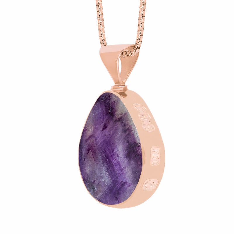 18ct Rose Gold Blue John Mother of Pearl King's Coronation Hallmark Double Sided Pear-shaped Necklace D