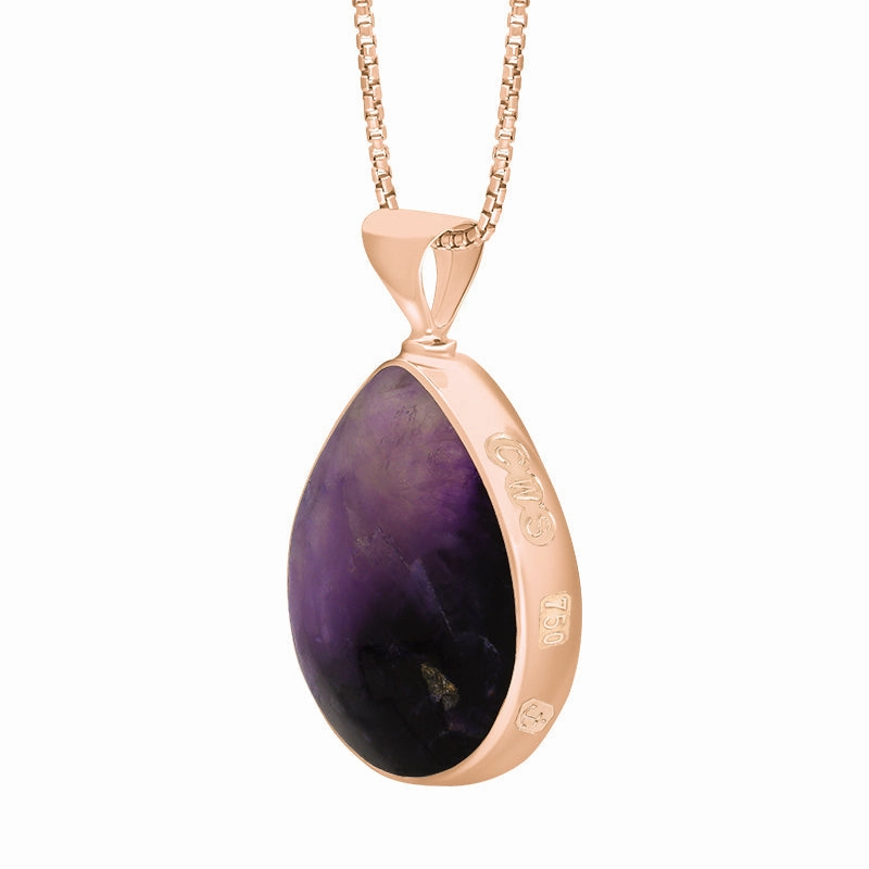 18ct Rose Gold Blue John Mother of Pearl King's Coronation Hallmark Double Sided Pear-shaped Necklace D