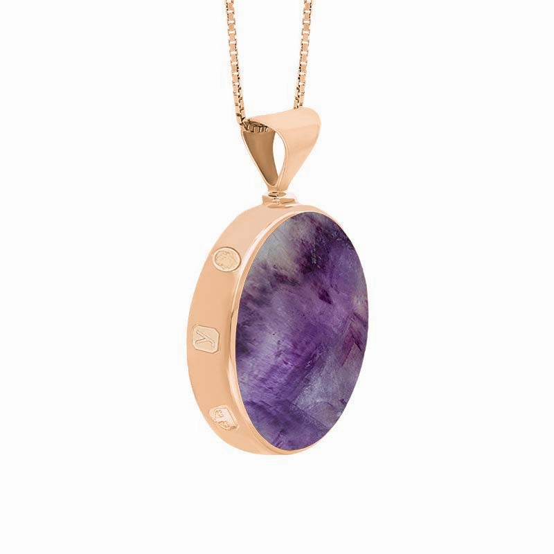 18ct Rose Gold Blue John Mother of Pearl King's Coronation Hallmark Double Sided Round Necklace D