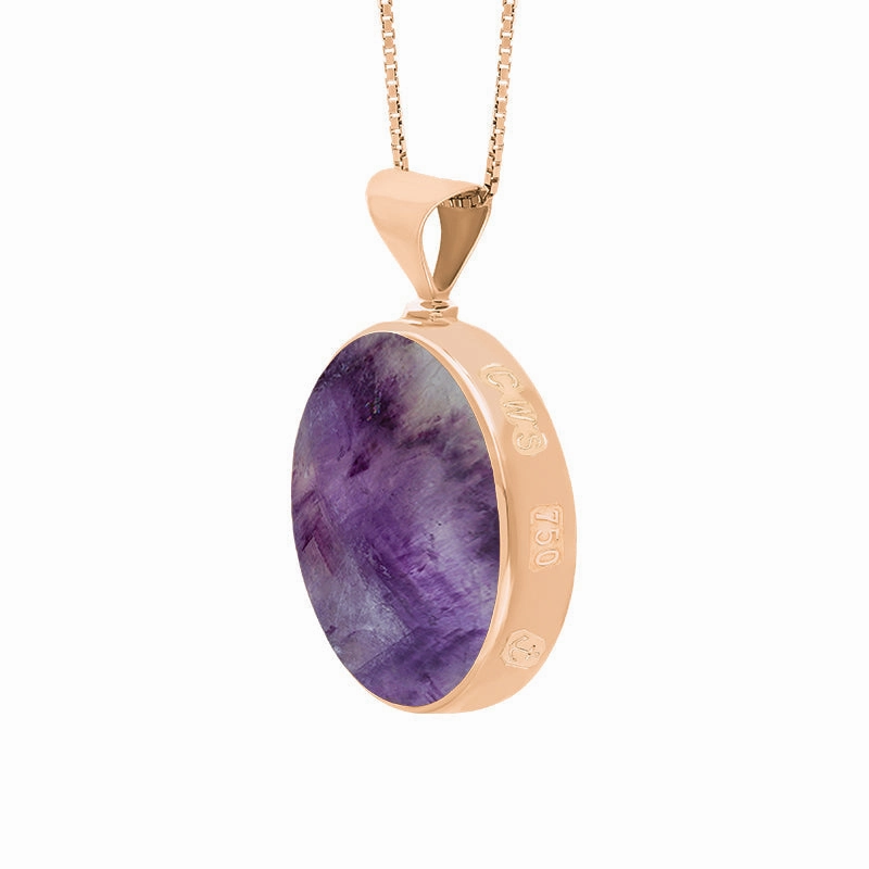 18ct Rose Gold Blue John Mother of Pearl King's Coronation Hallmark Double Sided Round Necklace D