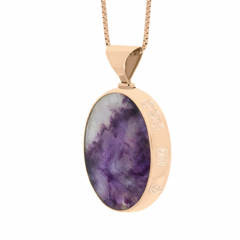18ct Rose Gold Blue John Mother of Pearl Queens Jubilee Hallmark Double Sided Oval Necklace D