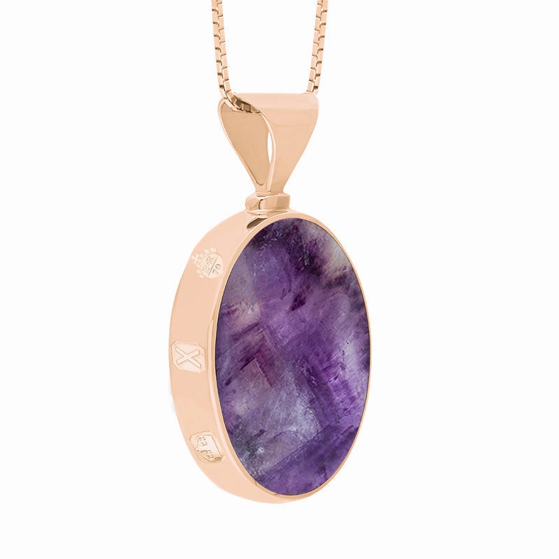 18ct Rose Gold Blue John Whitby Jet Queens Jubilee Hallmark Double Sided Oval Necklace D
