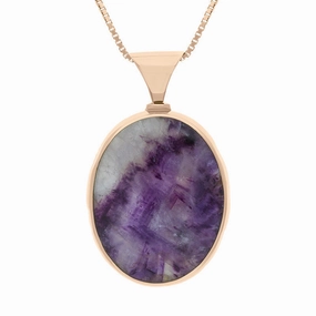 18ct Rose Gold Blue John Whitby Jet Queens Jubilee Hallmark Double Sided Oval Necklace D