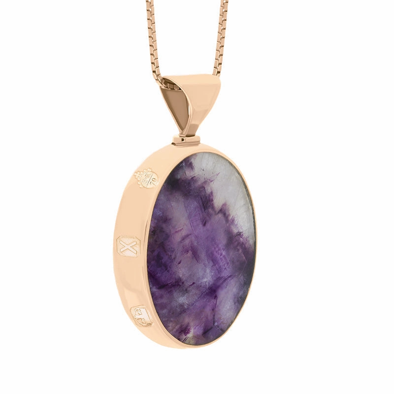 18ct Rose Gold Blue John Whitby Jet Queens Jubilee Hallmark Double Sided Oval Necklace D