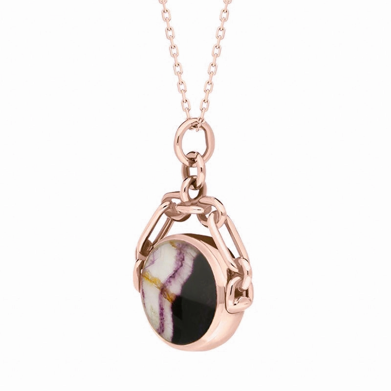 18ct Rose Gold Blue John White Mother Of Pearl Double Sided Swivel Fob Necklace