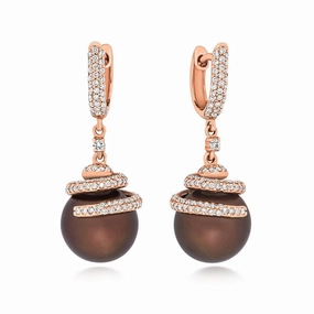 18ct Rose Gold Brown Pearl 0.80ct Diamond Swirl Drop Earrings
