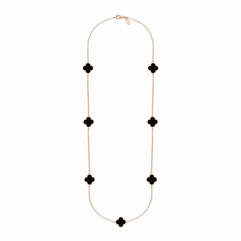 18ct Rose Gold Malachite Bloom Four Leaf Clover Ball Edge Long Necklace