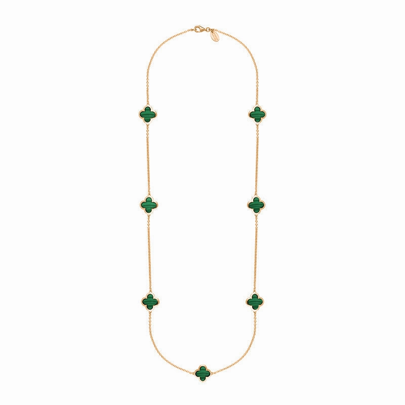 18ct Rose Gold Malachite Bloom Four Leaf Clover Long Necklace