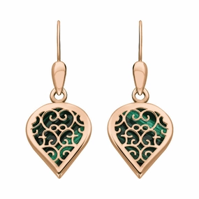 18ct Rose Gold Malachite Flore Filigree Heart Drop Earrings