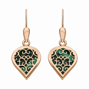 18ct Rose Gold Malachite Flore Filigree Heart Drop Earrings