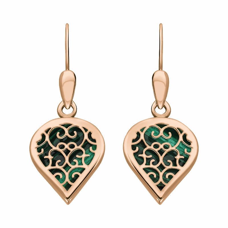 18ct Rose Gold Malachite Flore Filigree Heart Drop Earrings
