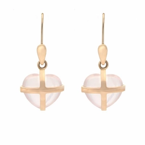 18ct Rose Gold Rose Quartz Small Cross Heart Drop Earrings
