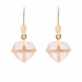 18ct Rose Gold Rose Quartz Small Cross Heart Drop Earrings