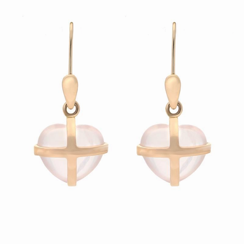 18ct Rose Gold Rose Quartz Small Cross Heart Drop Earrings