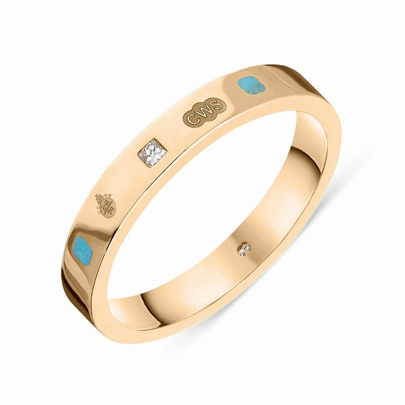 18ct Rose Gold Turquoise 0.05ct Diamond Queen's Jubilee Hallmark Princess Cut 3mm Ring D