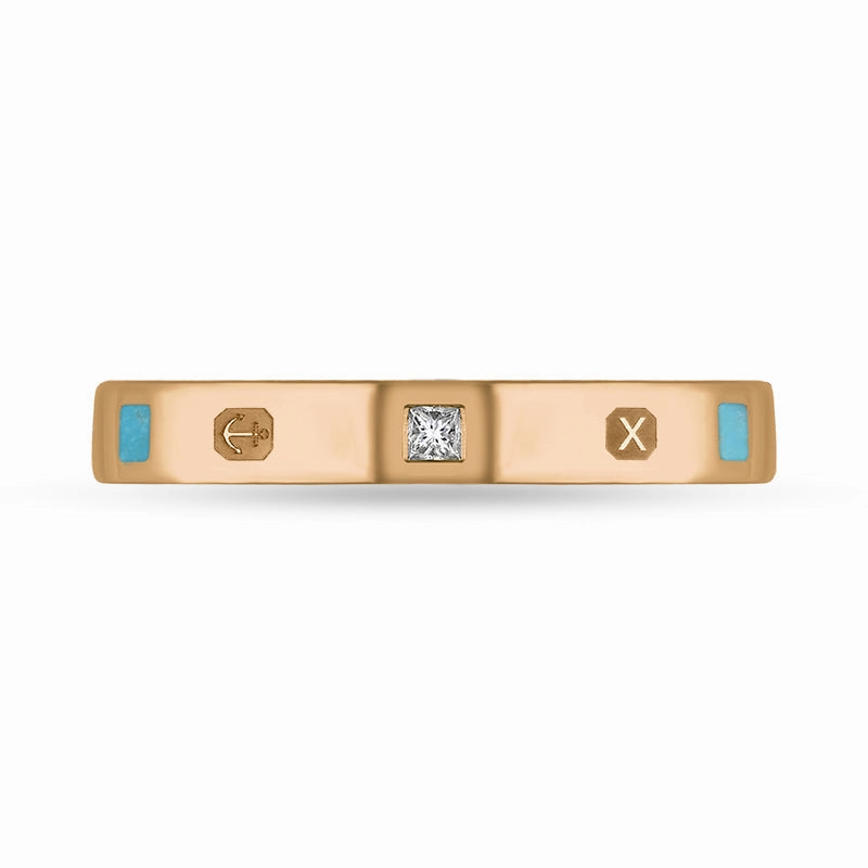 18ct Rose Gold Turquoise 0.05ct Diamond Queen's Jubilee Hallmark Princess Cut 3mm Ring D