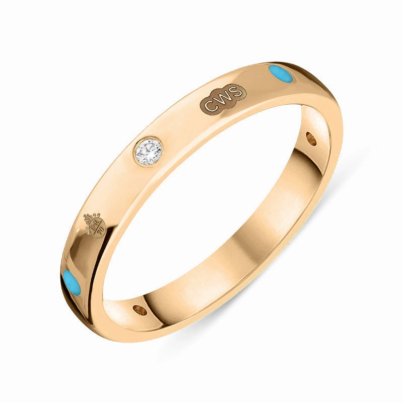 18ct Rose Gold Turquoise 0.09ct Diamond Queen's Jubilee Hallmark 6mm Ring D