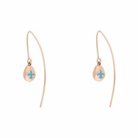 18ct Rose Gold Turquoise Fleur De Lis Disc Drop Earrings