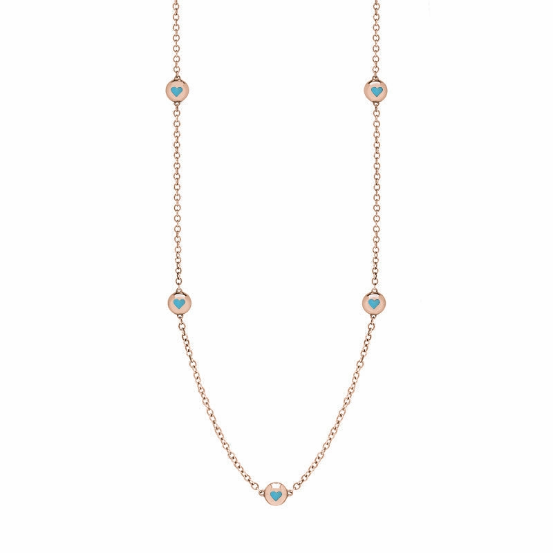 18ct Rose Gold Turquoise Heart Link Disc Chain Necklace
