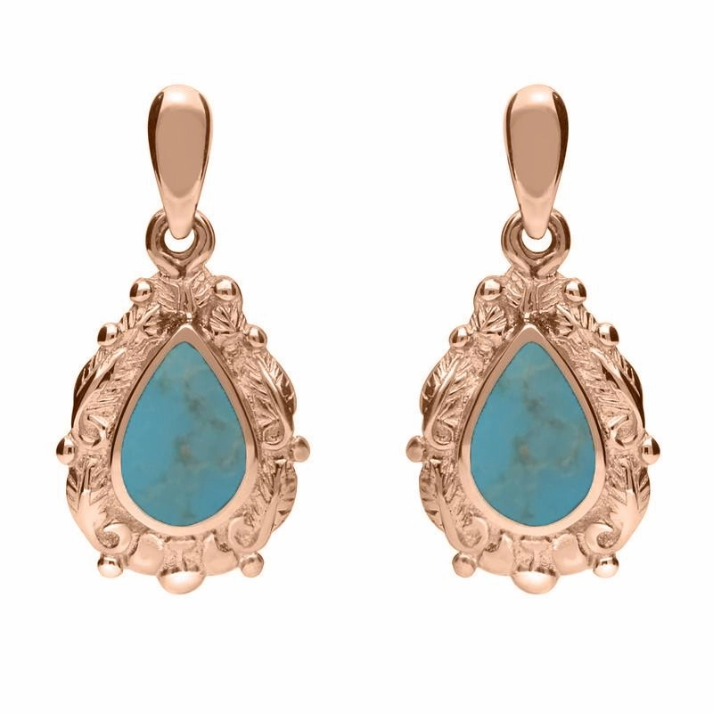 18ct Rose Gold Turquoise Pear Shaped Leaf Drop Earrings