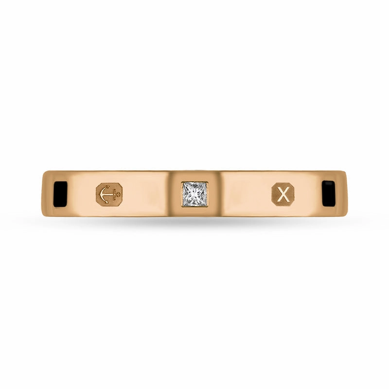 18ct Rose Gold Whitby Jet 0.05ct Diamond Queen's Jubilee Hallmark Princess Cut 3mm Ring D