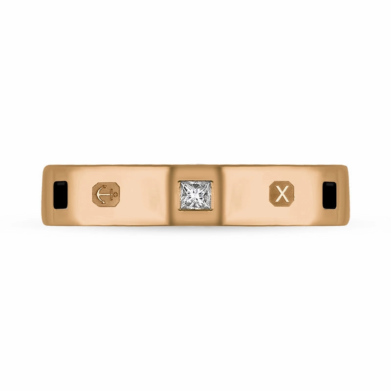 18ct Rose Gold Whitby Jet 0.09ct Diamond Queen's Jubilee Hallmark Princess Cut 4mm Ring D