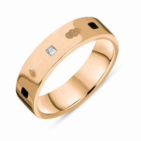 18ct Rose Gold Whitby Jet 0.12ct Diamond Queen's Jubilee Hallmark Princess Cut 5mm Ring D