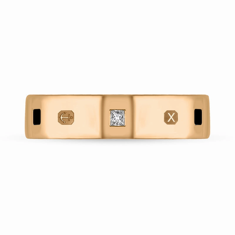 18ct Rose Gold Whitby Jet 0.12ct Diamond Queen's Jubilee Hallmark Princess Cut 5mm Ring D