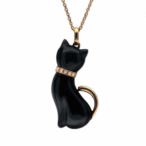 18ct Rose Gold Whitby Jet and Diamond Cat With Tail Large Necklace D